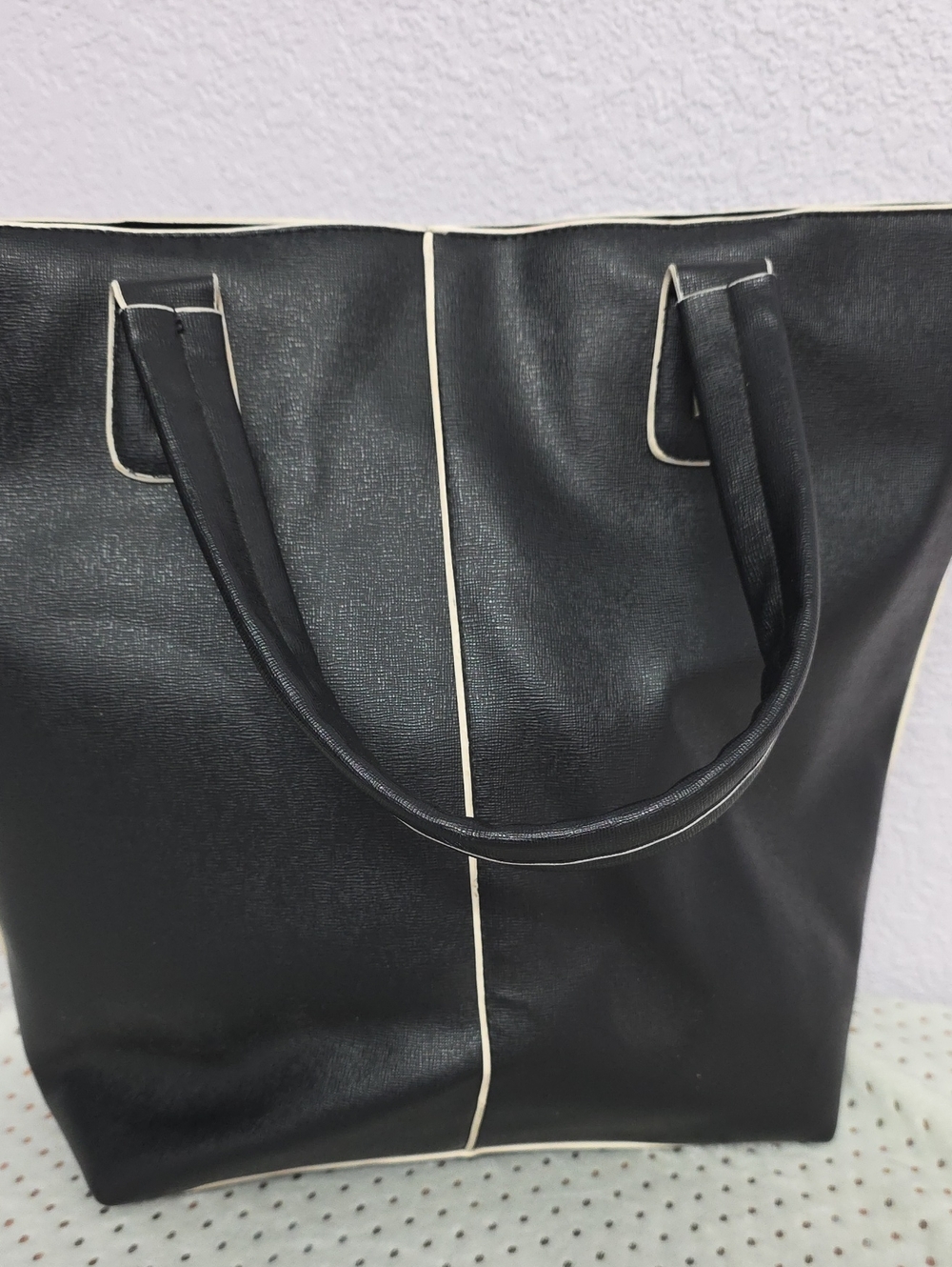 Black Faux Leather Tote Shoulder Bag with White Contrast Trim Large